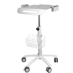 Mobile cart with height-adjustable, lockable wheels and convenient basket