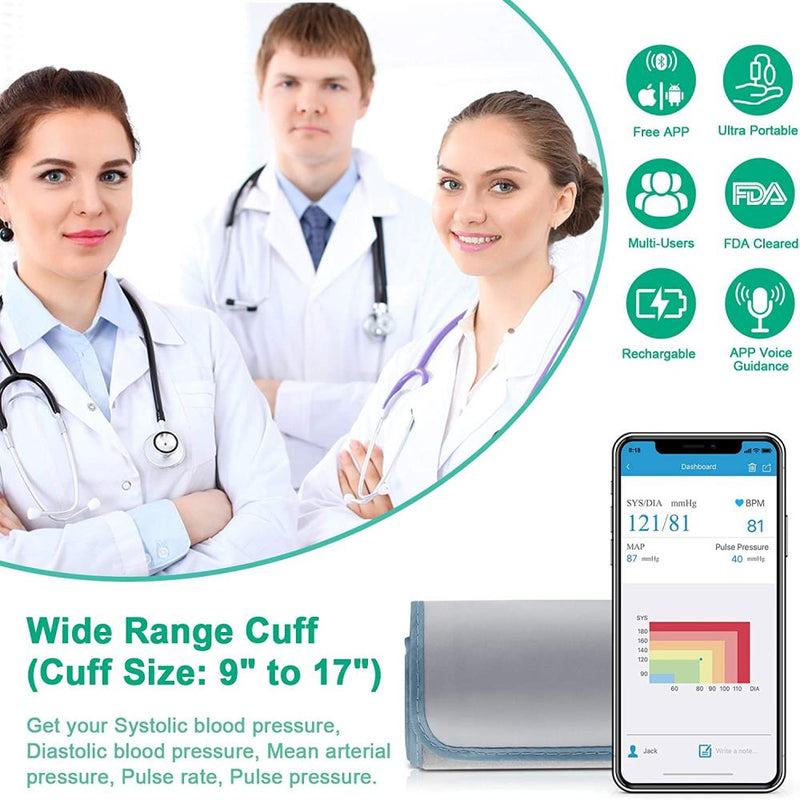 Ultra Portable Wireless Bluetooth Upper Arm Blood Pressure Monitor Large Cuff Multi-User